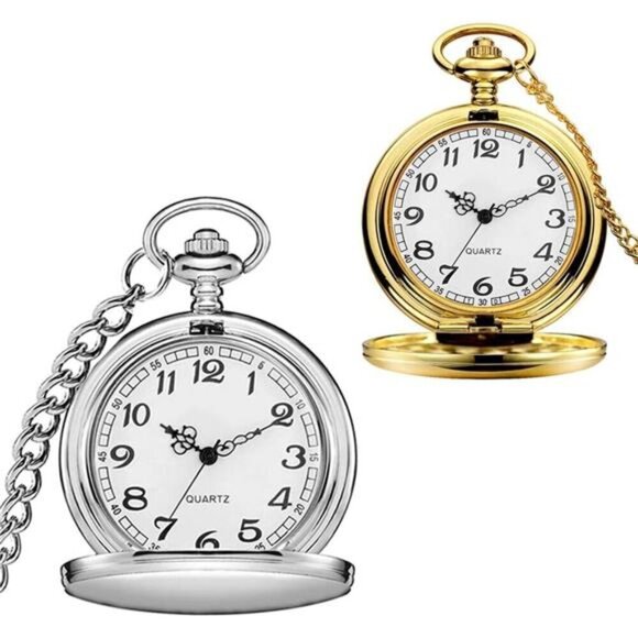 Vintage Quartz Pocket Watch Set – Silver & Gold with Chain Men Or Women - Picture 1 of 7